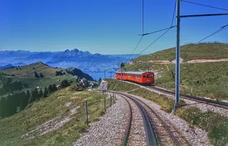 Between Rigi-Staffel and Rigi-Kulm, Vitznau-Rigi Railway (VRB) Bhe 2/4 railcar with a trailer car (1975)