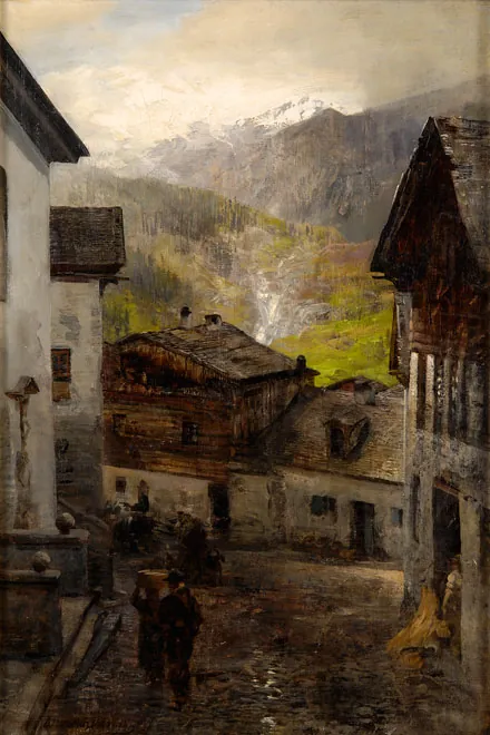 German: Bergdorf am Fuß des Rigi Mountain Village at the Rigi (19th century)