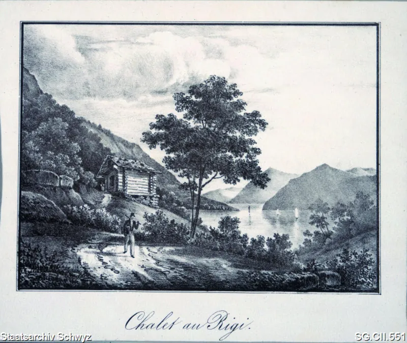 Holzhaus auf der Rigi mit Blick auf den Vierwaldstättersee (1825 - 1850)