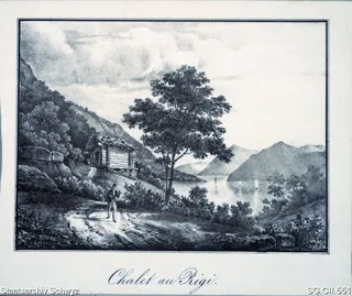 Holzhaus auf der Rigi mit Blick auf den Vierwaldstättersee (1825 - 1850)