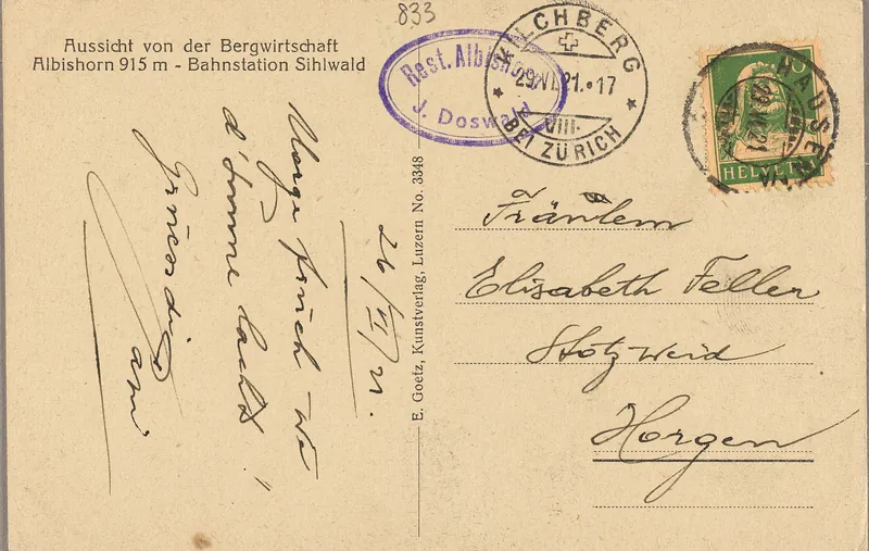 View from the mountain inn Albishorn 915 m, railroad station Sihlwald, Urirotstock, Wallenstöcke [Walenstöcke], Titlis, Rigi (vor 26.6.1921)
