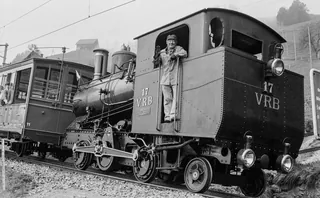 Paul Bühlmann on the occasion of a ride on Rigi, steam train VRB steam locomotive H 2/3 no. 17 (14.10.1979)