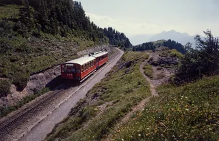 Between Rigi-Staffel and Rigi-Staffelhöhe, Vitznau-Rigi Railway (VRB) Bhe 2/4 railcar with VRB 6 lead car (ca. 1975)