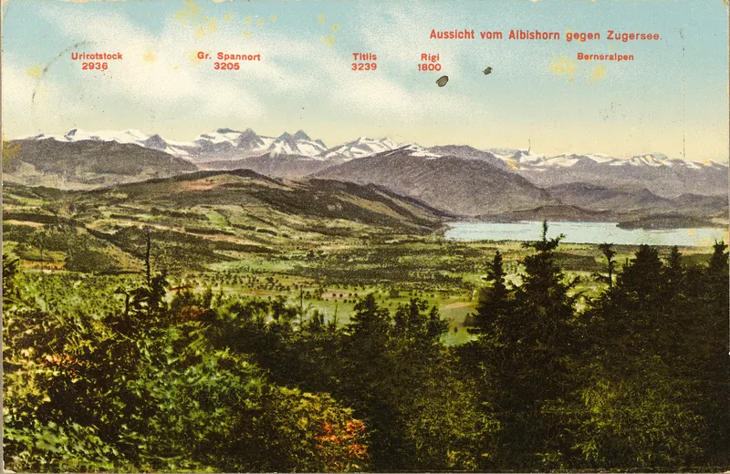 Albishorn, Towards Lake Zug, Urirotstock 2936, Gr. Spannort 3205, Titlis 3239, Rigi 1800, Bernese Alps (vor 9.9.1914)