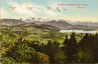 Albishorn, Towards Lake Zug, Urirotstock 2936, Gr. Spannort 3205, Titlis 3239, Rigi 1800, Bernese Alps (vor 9.9.1914)