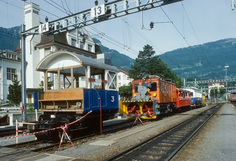 Arth-Goldau, railroad station, historic rolling stock of the Rigi railroads (7/1985)