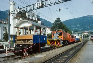 Arth-Goldau, railroad station, historic rolling stock of the Rigi railroads (7/1985)
