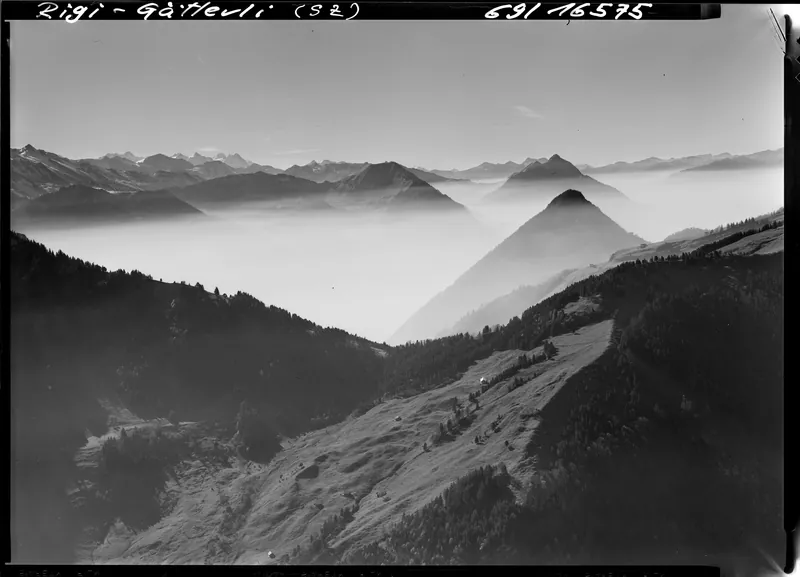 View of Rigi Gätterli SZ towards south, with mountain panorama (27.10.1969)