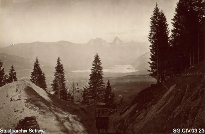 Blick von unterhalb der Rigi auf Goldau, Lauerzersee und den Talkessel Schwyz (vor 1900)