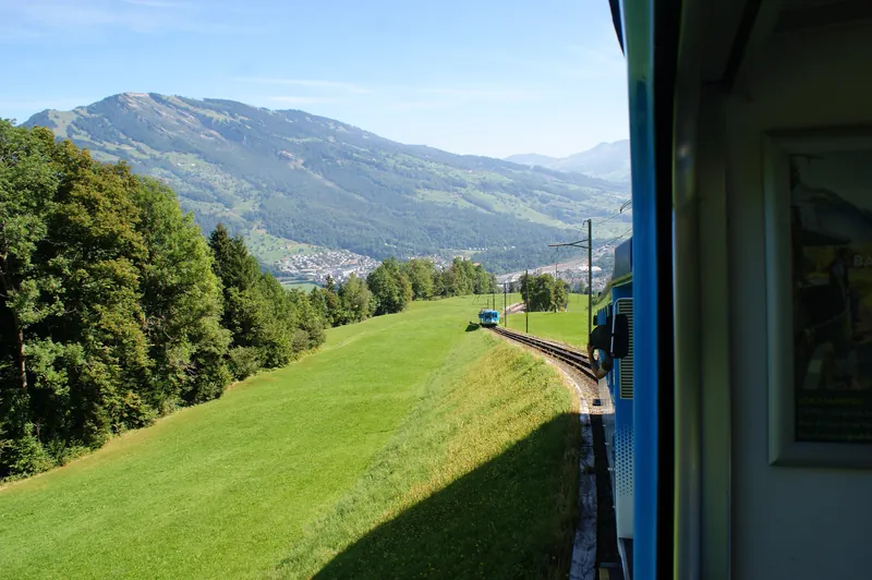 Rack railway Arth-Goldau to Rigi-track-two train sets near Kraebel-07ASD (2023-09-04)