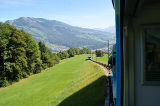 Rack railway Arth-Goldau to Rigi-track-two train sets near Kraebel-07ASD (2023-09-04)