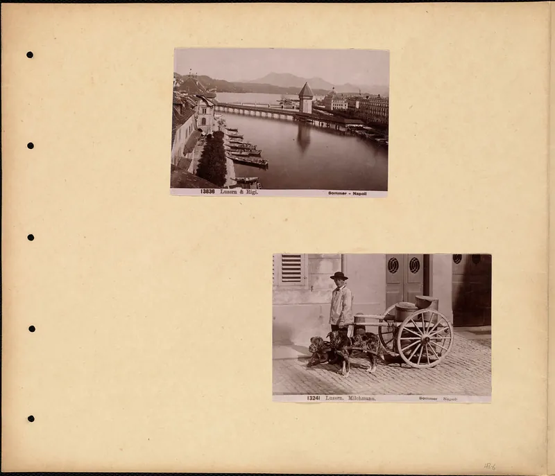 View of Lucerne & Mount Rigi. Milkman with dog cart in Lucerne