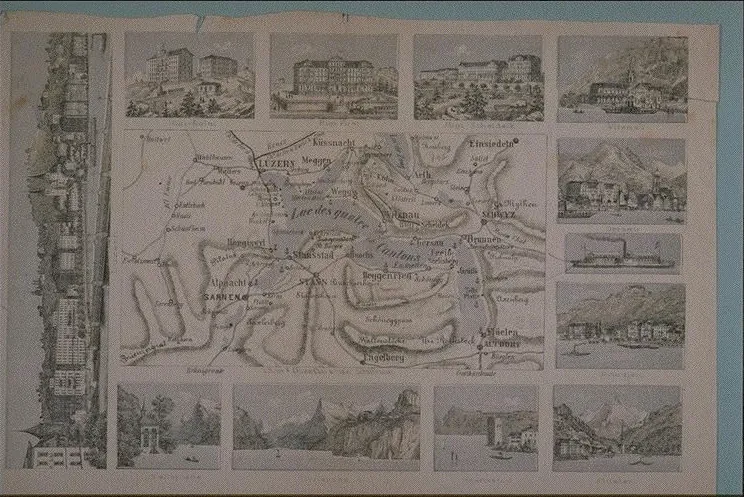 [Karte vom Vierwaldstätter See mit folgenden Ansichten:] Luzern. - Rigi-Kulm. - Rigi First. - Rigi-Scheideck. - Vitznau. [u.a. Ansichten aus der Innerschweiz] (1870)
