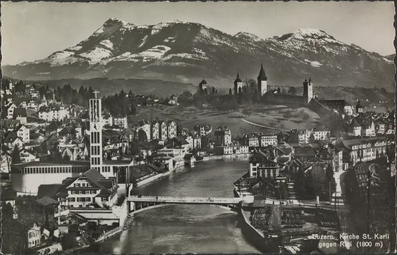 Lucerne, church St. Karli against Rigi (1800 m) (ca. 1930)