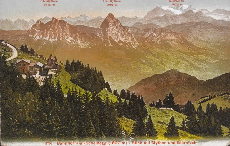 Rigi-Scheidegg railroad station (1607 m), view of Mythen and Glärnisch (1910-1920)