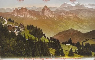 Rigi-Scheidegg railroad station (1607 m), view of Mythen and Glärnisch (1910-1920)