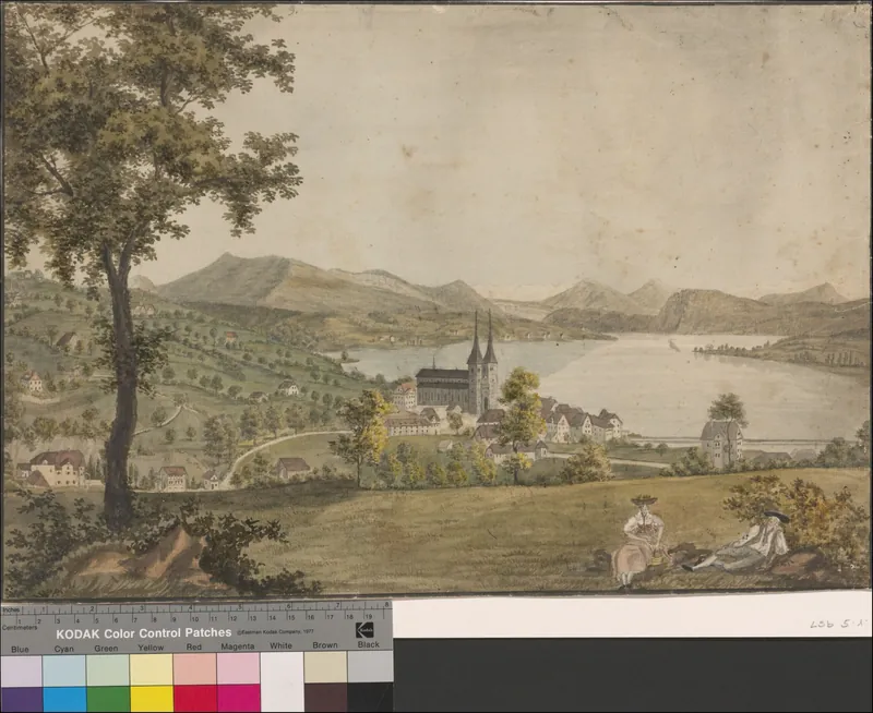 [Blick von der Fluhmatt auf Hofkirche, See und Rigi] (1820)