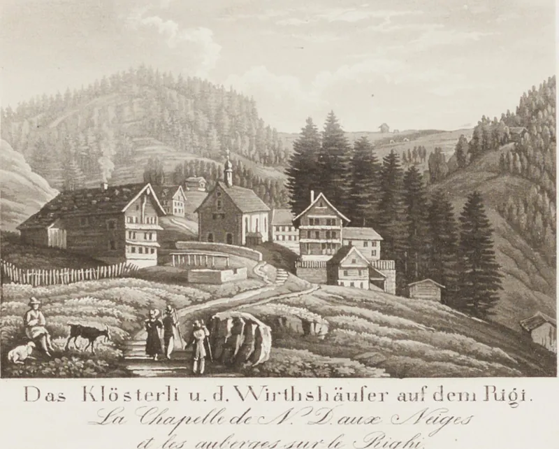 Das Klösterli u.d. Wirthshäuser auf dem Rigi = La Chapelle de N. D. aux Neiges et les auberges sur le Righi [Randvignette unten Mitte rechts] (approx. 1833 - approx. 1835)