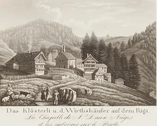 Das Klösterli u.d. Wirthshäuser auf dem Rigi = La Chapelle de N. D. aux Neiges et les auberges sur le Righi [Randvignette unten Mitte rechts] (approx. 1833 - approx. 1835)