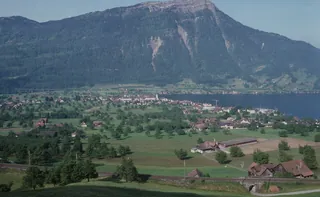 Arth SZ, northeast view of the Rigi with Rigi north ridge, in the foreground Oberarth, Arth and Lake Zug (21.05.1992)