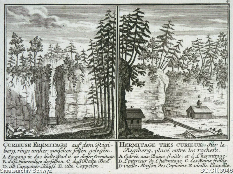 Curieuse Eremitage auf dem Rigiberg, rings umher zwischen felsen gelegen. Hermitage tres curieux sur le Rigiberg, placé entre les rochers. (ca. 1750)