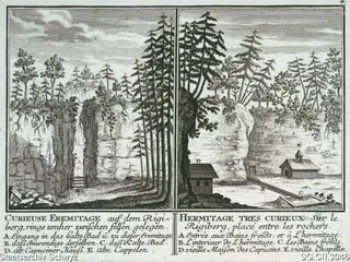 Curieuse Eremitage auf dem Rigiberg, rings umher zwischen felsen gelegen. Hermitage tres curieux sur le Rigiberg, placé entre les rochers. (ca. 1750)