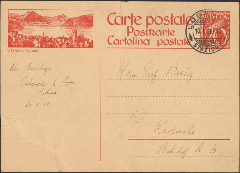 Postal card from Eugen Bamberger to Georg Bredig (1928-Jan-10)