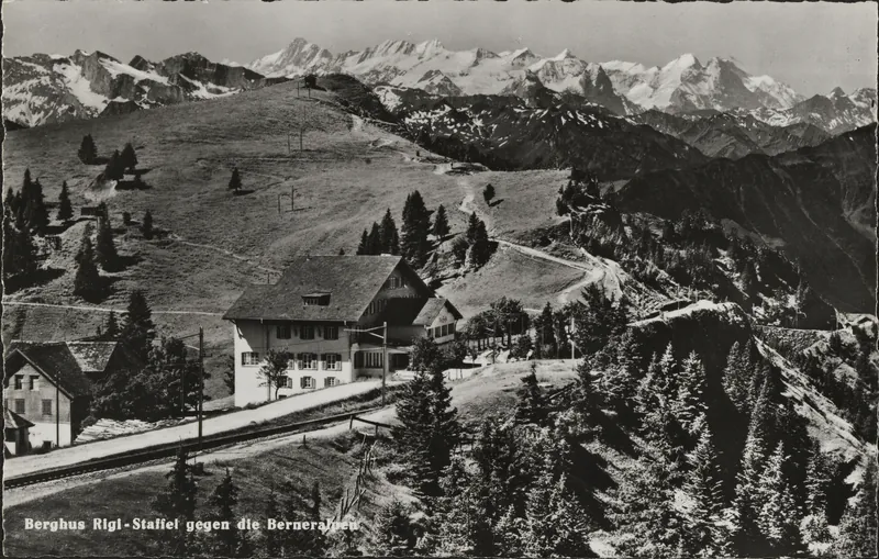 Berghus Rigi Relay against the Bernese Alps (ca. 1950)