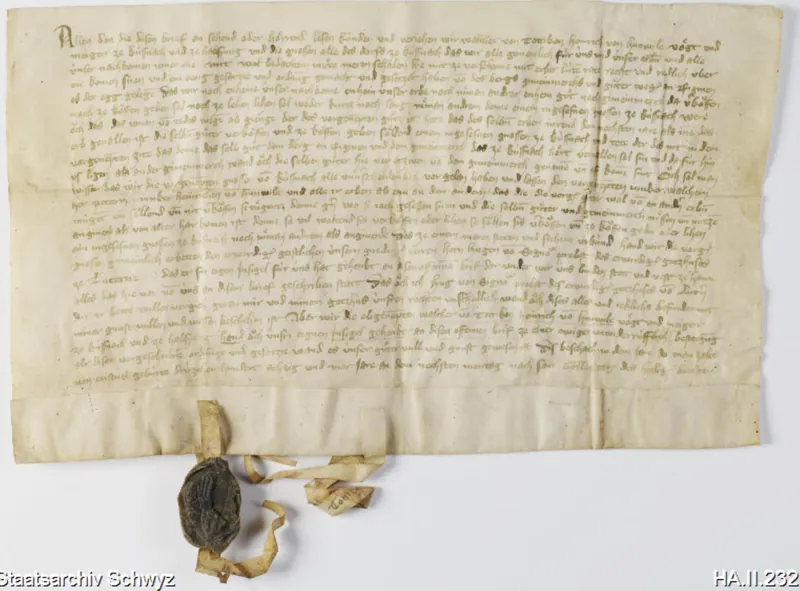 Verkommnis der Genossen des Dorfes Küssnacht mit dem Vogt und Meier zu Küssnacht Walther von Tottikon betreffend Güter im Gebiet der Rigi (17.10.1384)