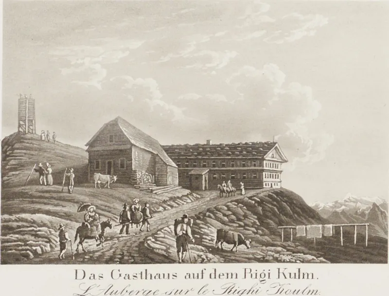 Das Gasthaus auf dem Rigi Kulm = L'Auberge sur le Righi Koulm [Randvignette unten Mitte links] (approx. 1833 - approx. 1835)