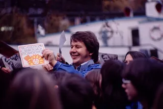 Lucerne, Party at the Swiss Museum of Transport, "Think of Me" radio campaign, Guido Eugster surrounded in front of the DS Rigi (02.11.1974)