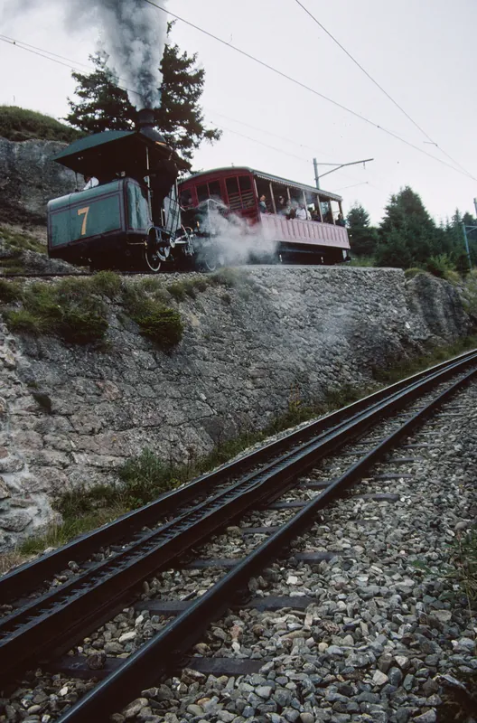 At Rigi-Staffel, steam train of the Rigi Railway, VRB steam locomotive H 1/2 No.7 (9/1996)