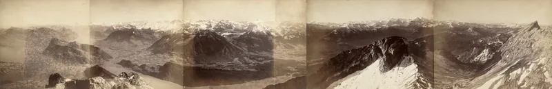 Panorama du Pilate: 1 Burgenstock, Rigi, Saentis, 2 Glarnisch, Tödi et Alpes Uranaises, 3 groupe du Titlis, 4 Matterhorn et Alpes Bernoises, 5 Tomlishorn, Blumlisalp, Diablerets, Stockhorn (ca. 1880)