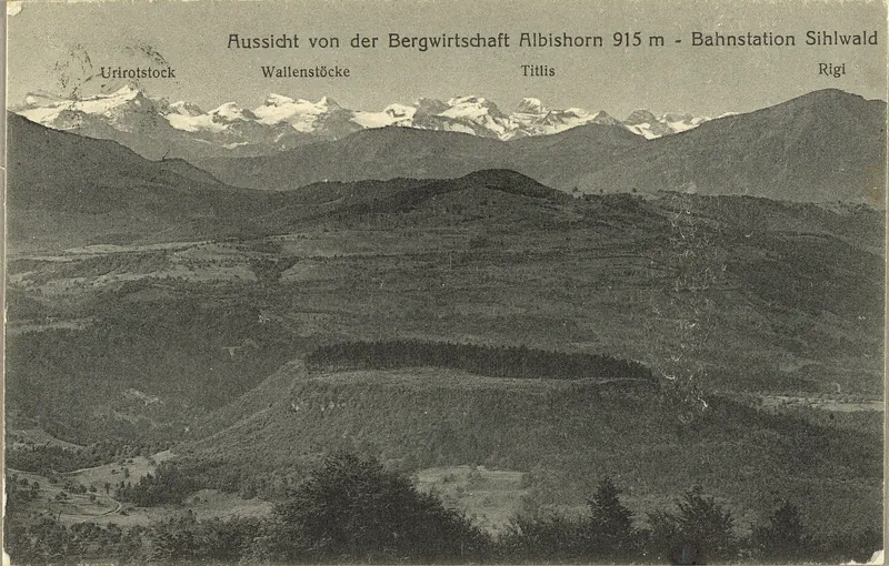 View from the mountain inn Albishorn 915 m, railroad station Sihlwald, Urirotstock, Wallenstöcke [Walenstöcke], Titlis, Rigi (vor 26.6.1921)