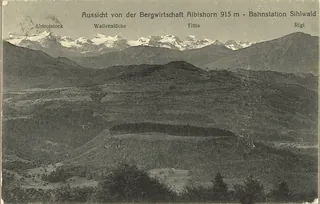 View from the mountain inn Albishorn 915 m, railroad station Sihlwald, Urirotstock, Wallenstöcke [Walenstöcke], Titlis, Rigi (vor 26.6.1921)